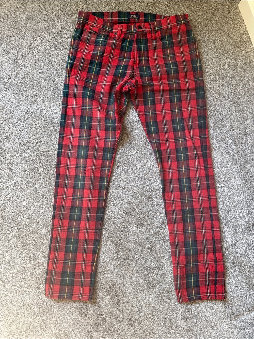 Vintage Polo Ralph Lauren The Eldridge Skinny Red Tartan Plaid Jeans Distressed